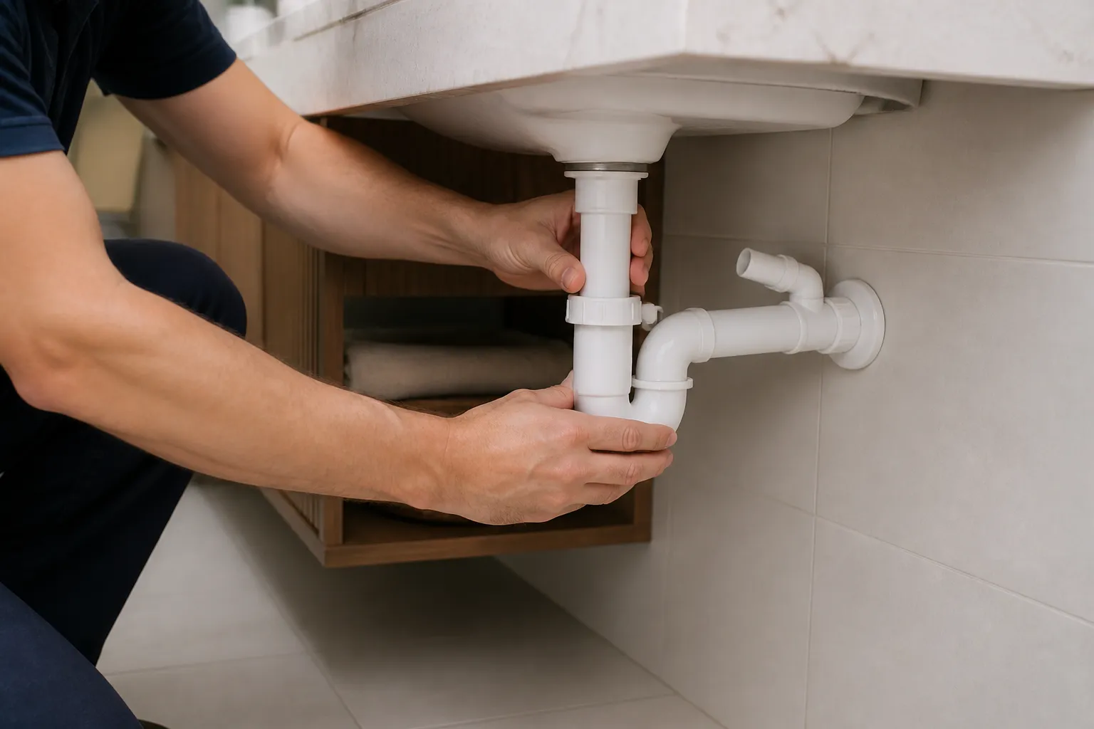Profissional verifica conexão de PVC em banheiro de apartamento.