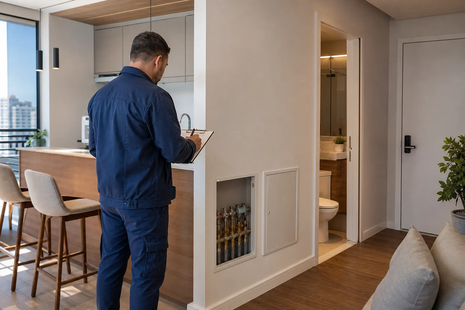 Apartamento residencial com registros hidráulicos acessíveis após avaliação técnica.
