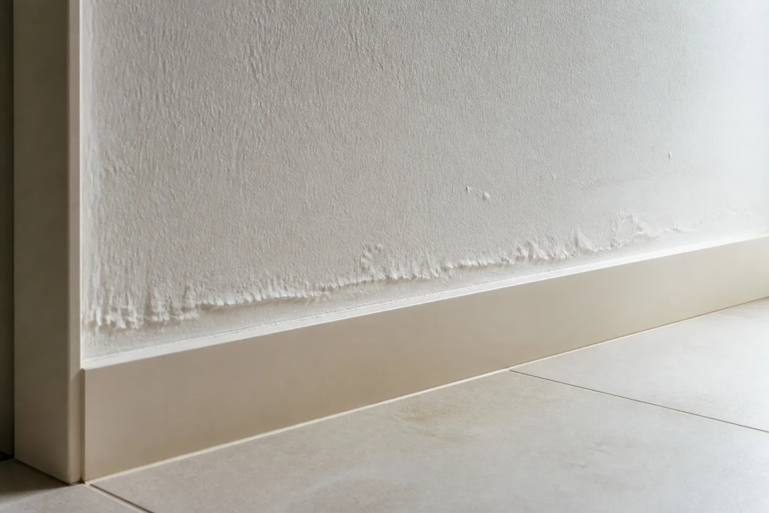 Rodapé com umidade discreta e pintura estufada em parede residencial.