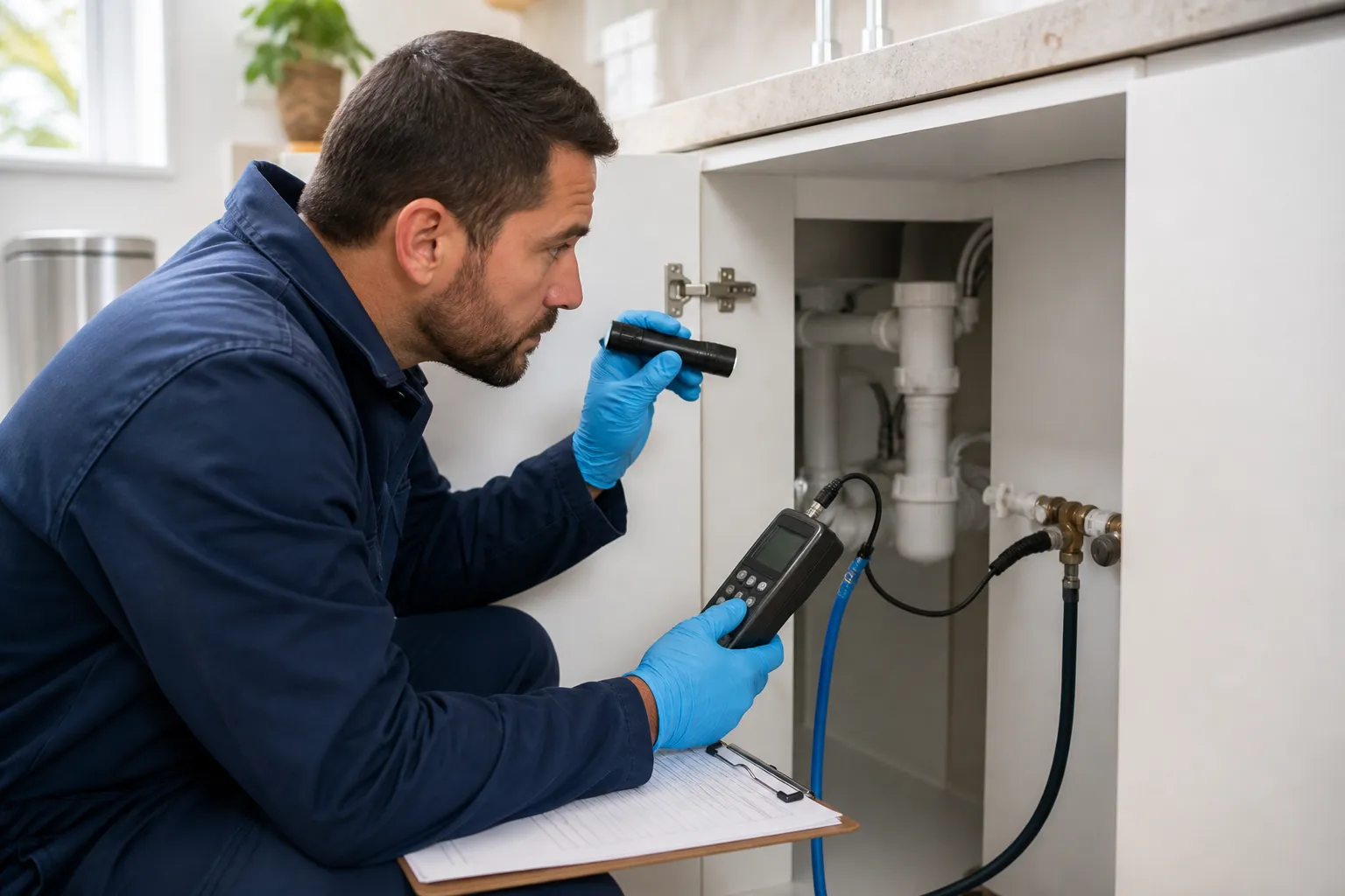 Profissional avaliando instalação hidráulica residencial com medidor portátil.