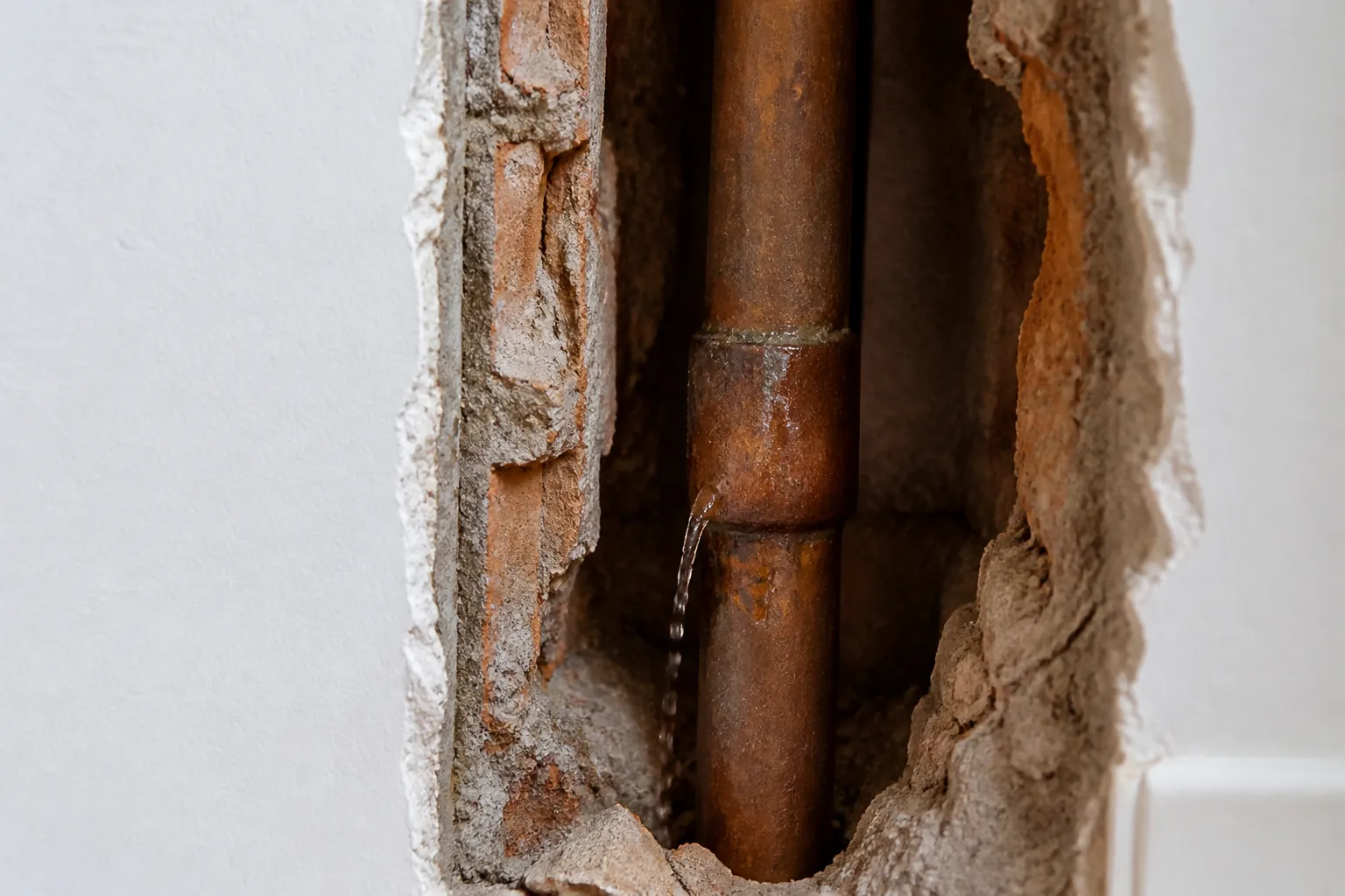 Tubulação embutida com vazamento de água discreto, possível causa do hidrômetro girando sem uso aparente.