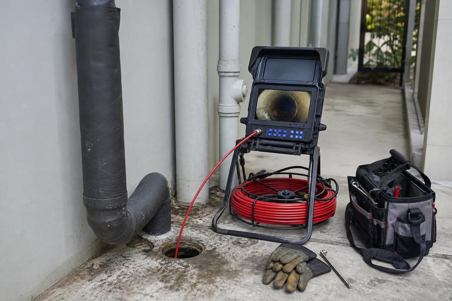 Camera de video inspecao ajuda a localizar a obstrucao na prumada.
