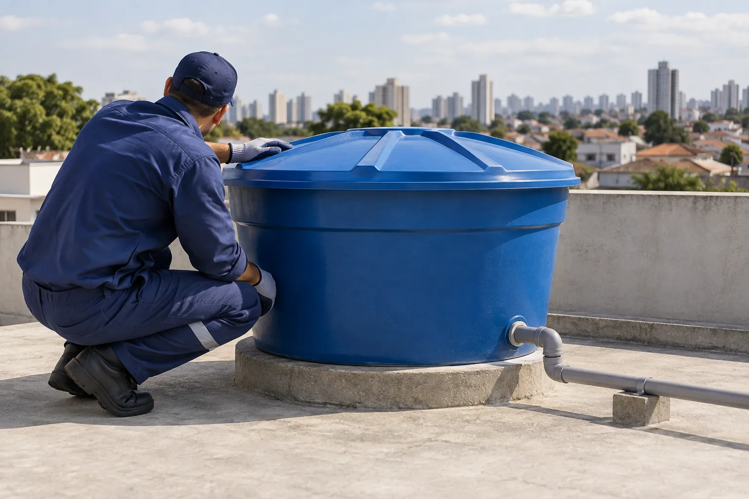 Técnico vistoria caixa d'água residencial azul e conexões externas de PVC.