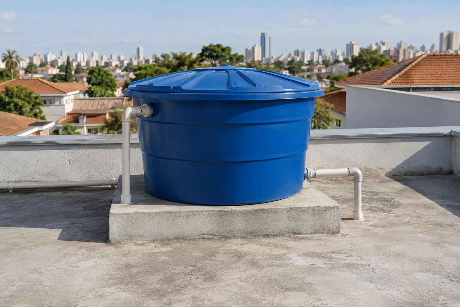 Caixa d'água azul residencial instalada sobre laje com tubulações de PVC.