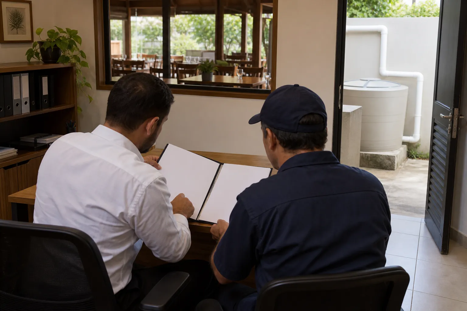 Responsável confere orientações após avaliação relacionada a reservatorio em restaurante responsabilidade.