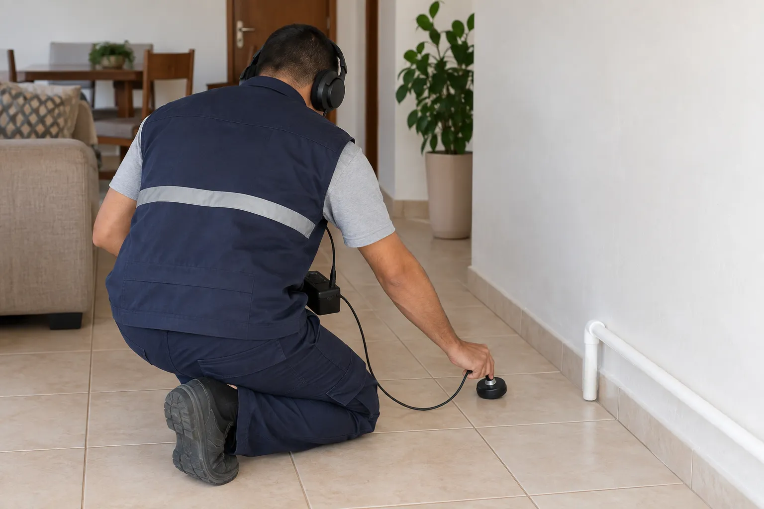 Profissional realiza avaliação técnica relacionada a vazamento invisivel como desconfiar.