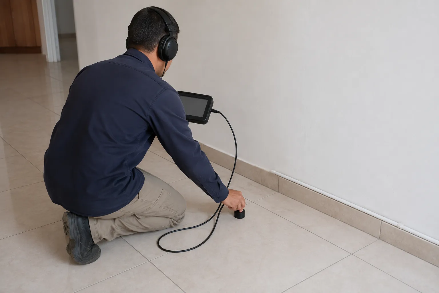 Profissional realiza avaliação técnica relacionada a vazamento oculto metodo nao destrutivo.