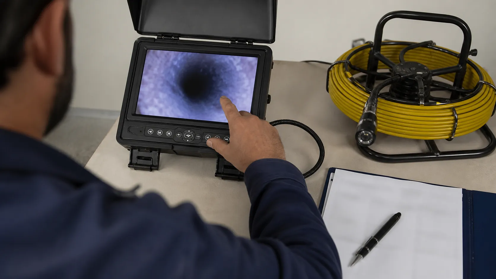 Responsável confere orientações após avaliação relacionada a video inspecao o que e na tubulacao.
