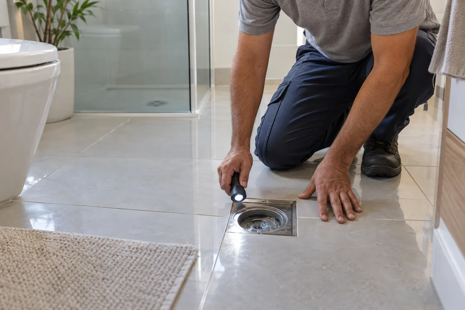 Técnico avaliando o escoamento em ralo de piso após retorno do problema.