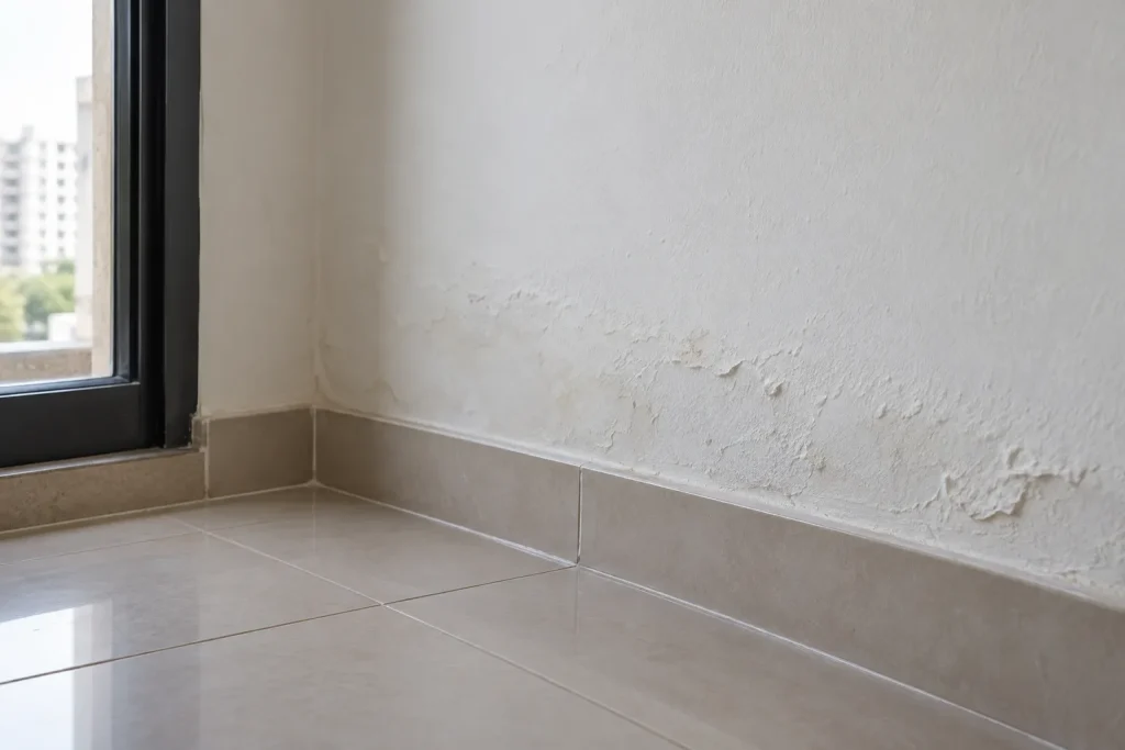 Umidade no rodapé de parede indica possível vazamento em tubulação embutida.