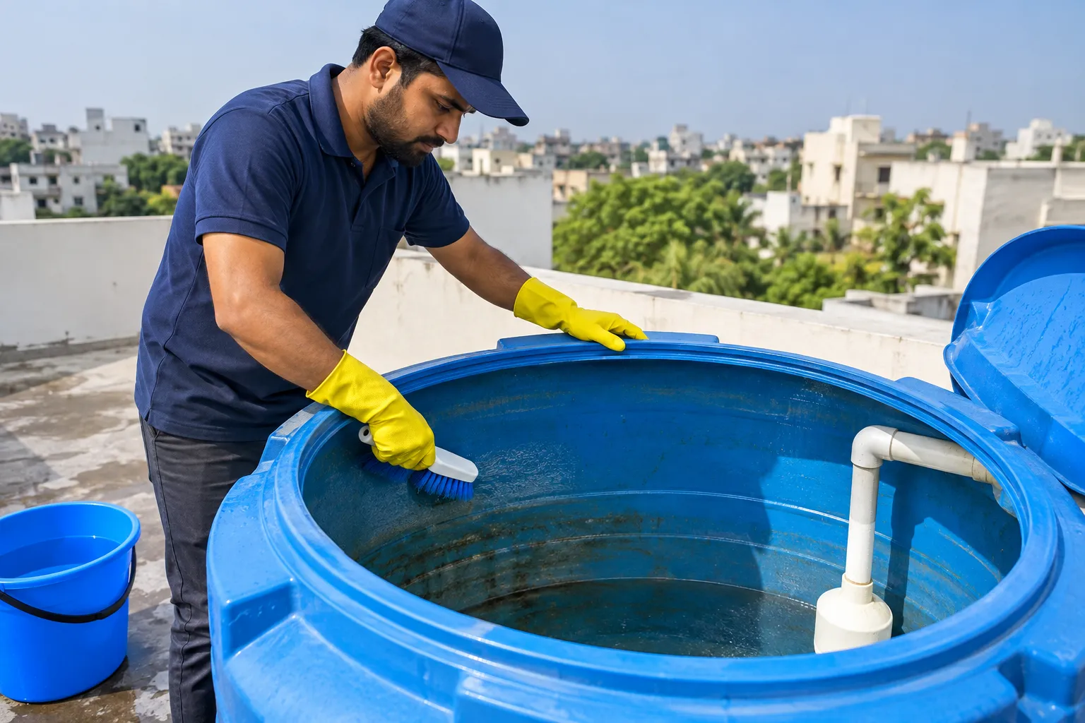 Técnico limpa caixa d’água azul pelo acesso superior com utensílios adequados e luvas.