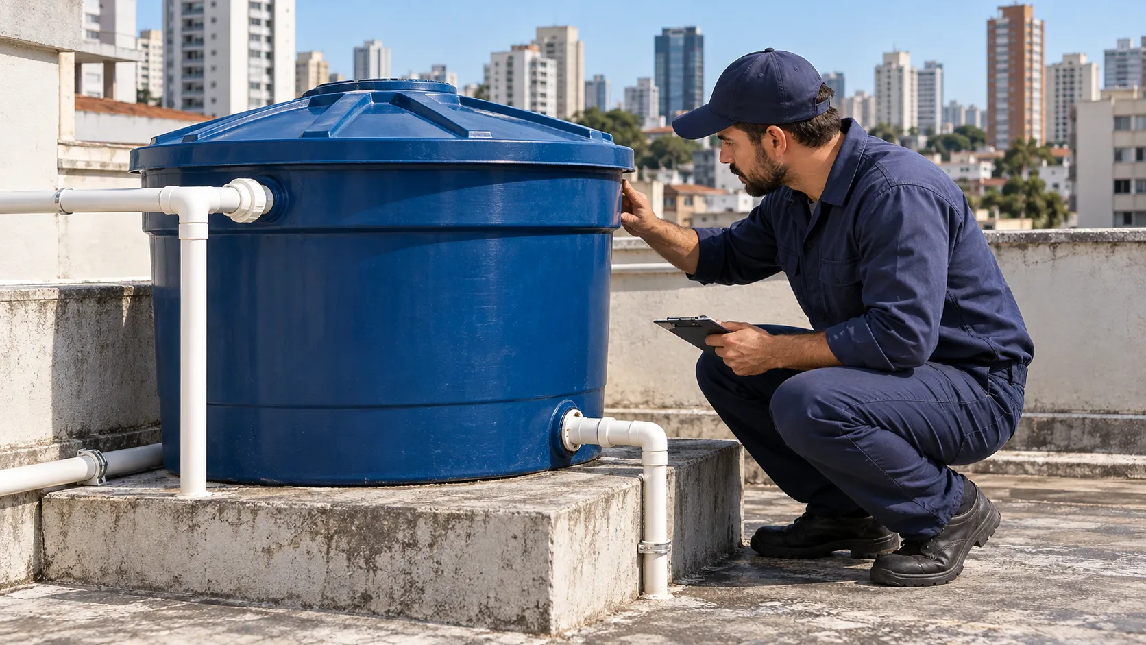 Técnico verifica tampa e conexões de caixa d’água após limpeza profissional.