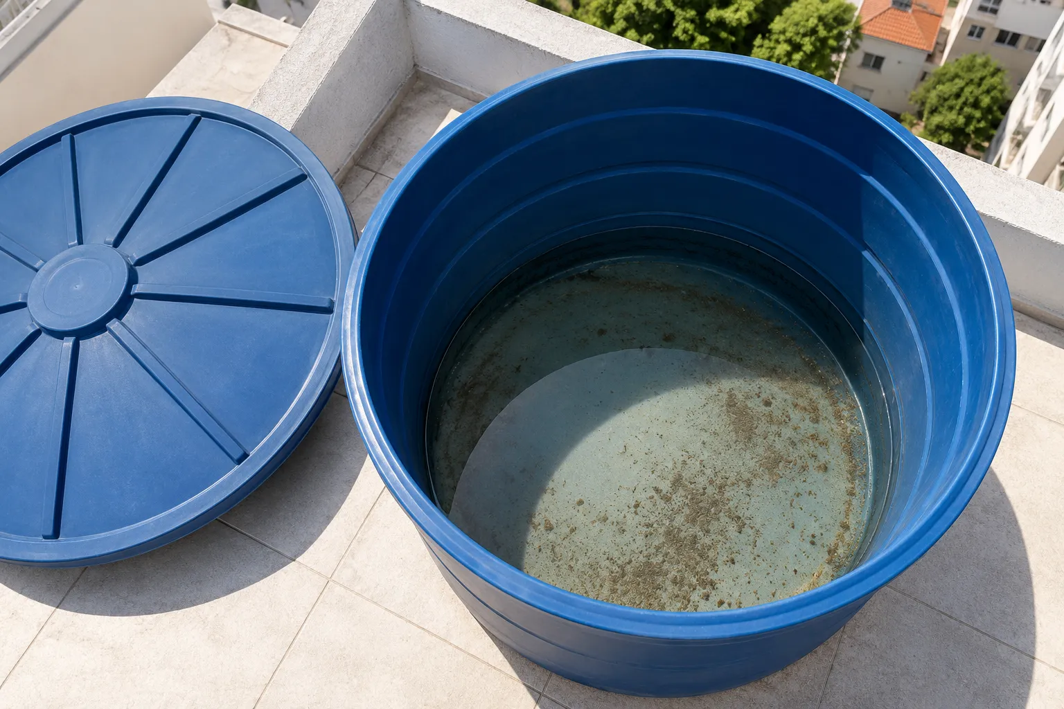 Resíduo moderado no fundo de caixa d’água azul residencial indica necessidade de limpeza.