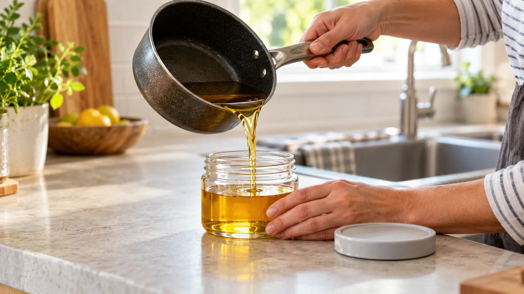 Óleo de cozinha frio sendo guardado em recipiente antes do descarte.