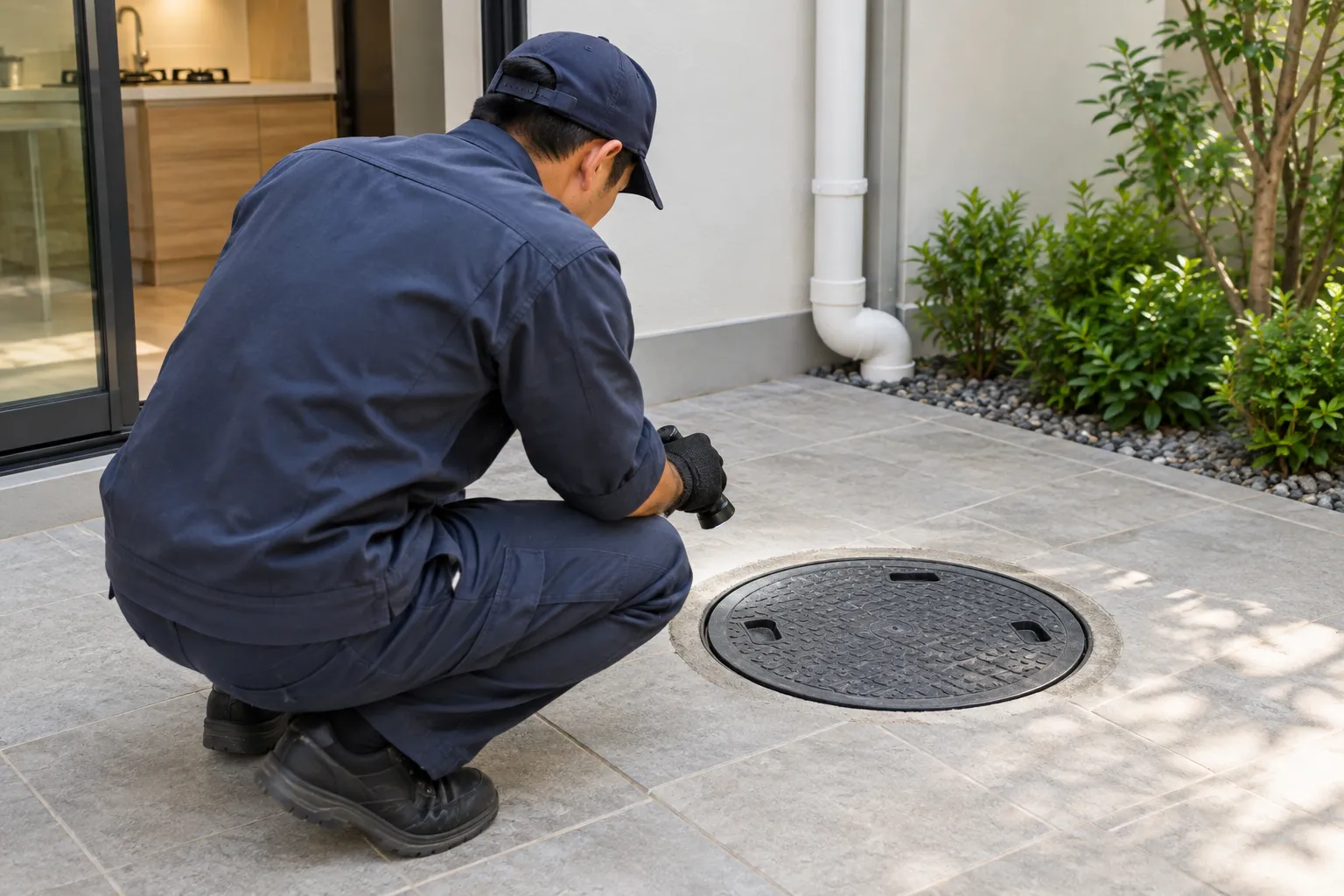 Profissional conferindo tampa de caixa de gordura instalada no piso externo.