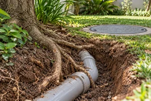Raízes próximas a tubulação externa de esgoto em PVC no solo.