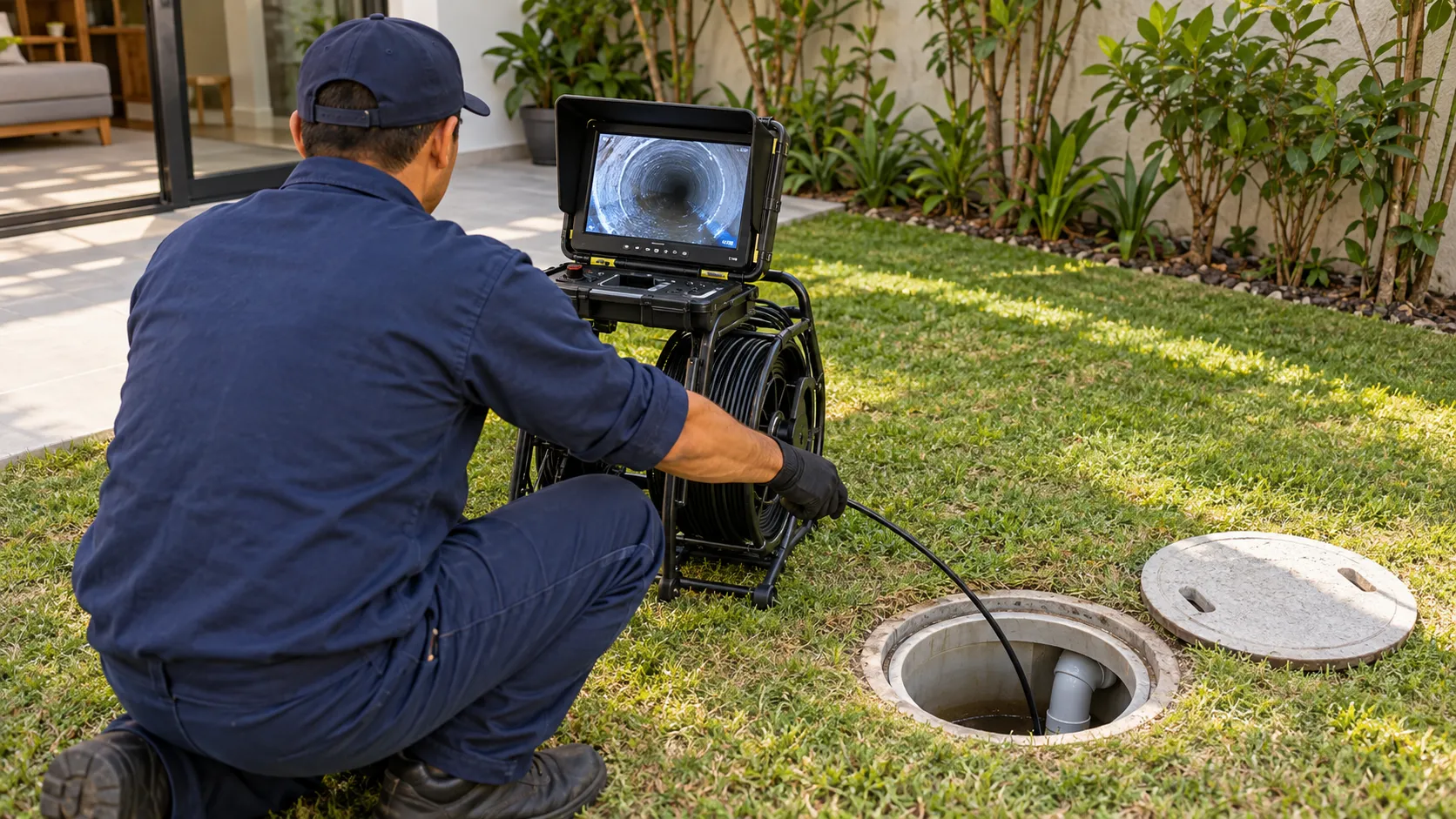 Técnico realiza vídeo-inspeção em caixa de inspeção instalada no piso.