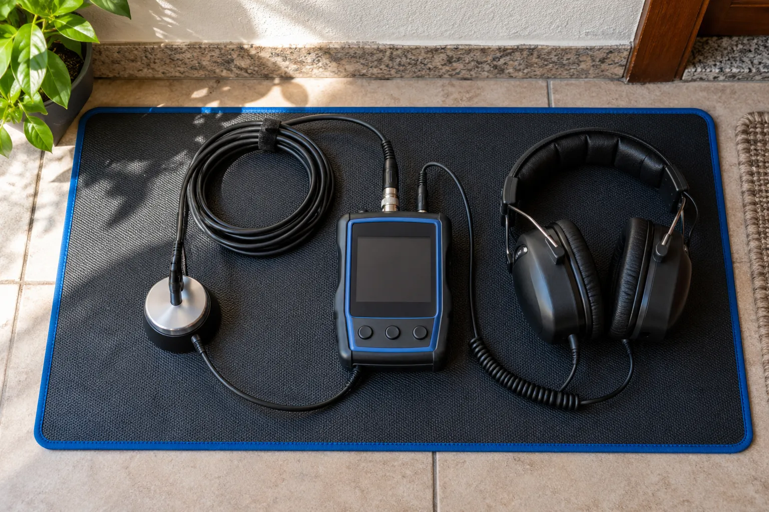 Kit acústico conectado com sensor, cabo, unidade portátil e fones.