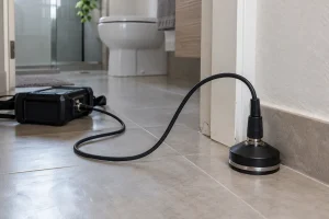 Sensor acústico apoiado no piso para investigar possível vazamento oculto.