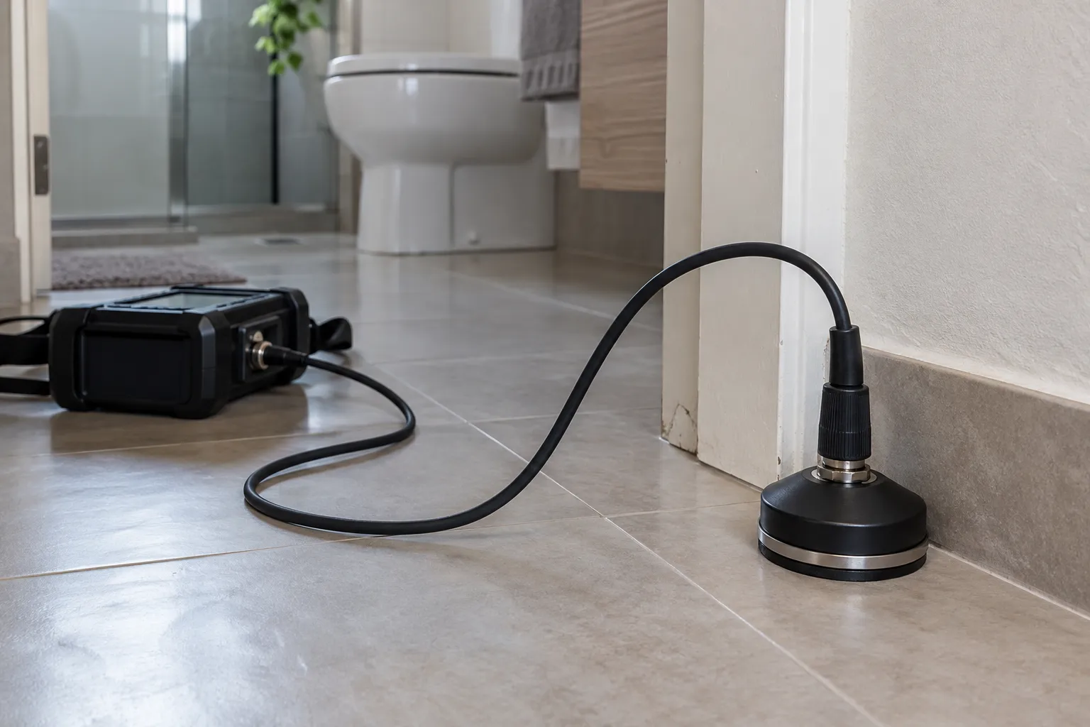 Sensor acústico apoiado no piso para investigar possível vazamento oculto.