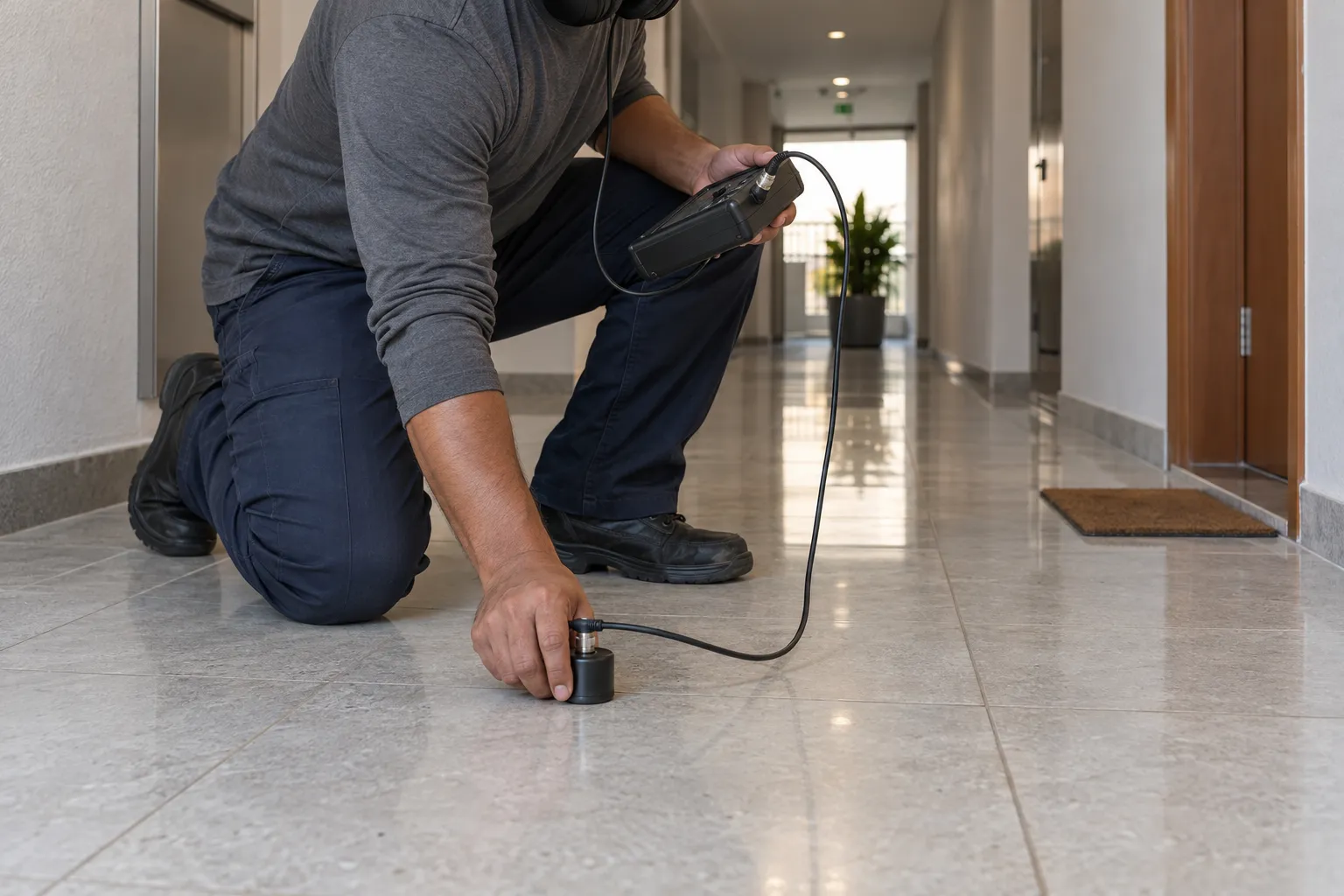 Técnico escuta vibrações no piso com geofone em corredor de condomínio.