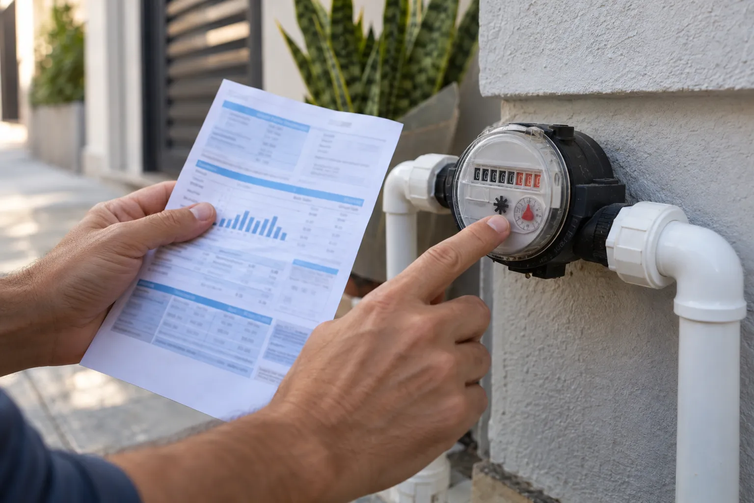 Morador compara conta de água com hidrômetro residencial para investigar consumo elevado.
