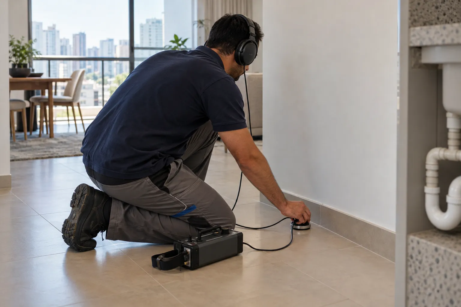 Técnico usa geofone no piso para localizar possível vazamento sem quebrar revestimento.