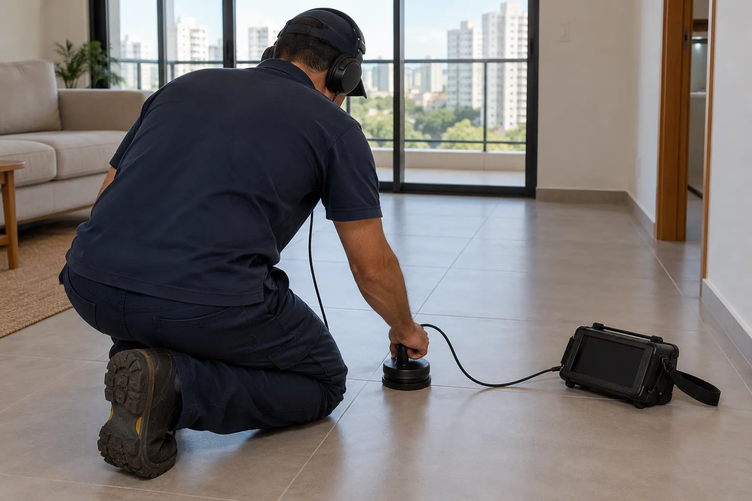 Técnico usa sensor acústico em piso seco para investigar consumo de água.