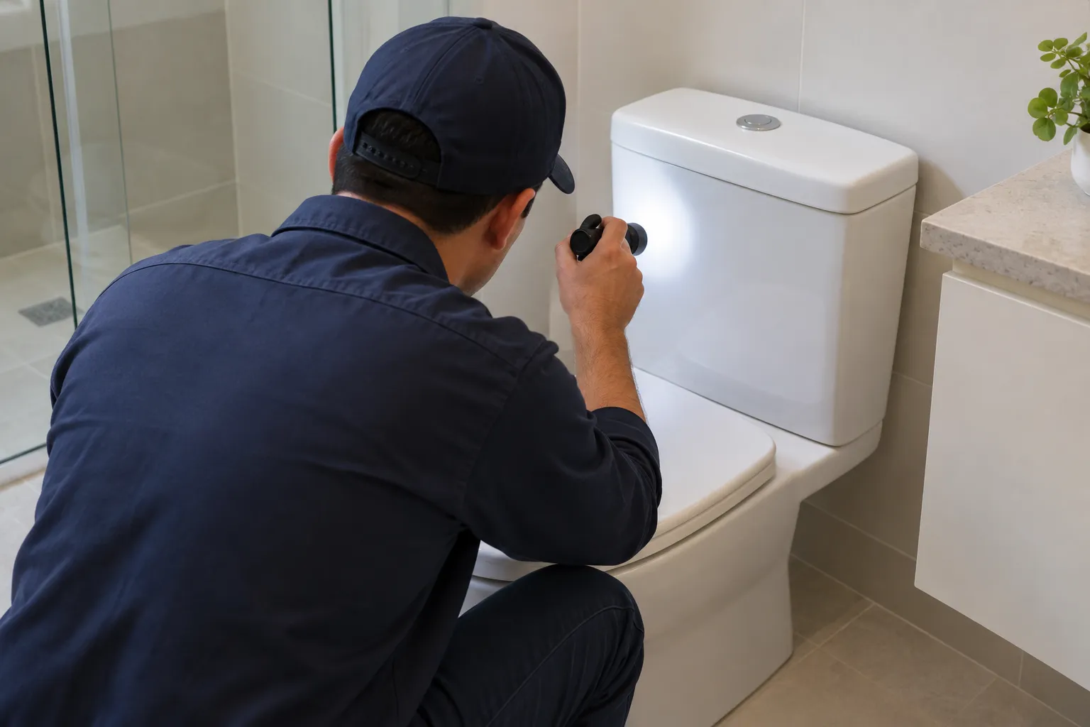 Técnico examinando conexão externa de caixa acoplada em banheiro residencial.