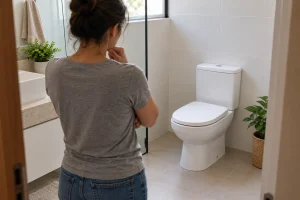 Morador observando vaso com caixa acoplada após aumento na conta de água.