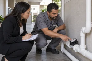 Síndico e técnico conferem hidrômetro geral após aumento na conta do condomínio.
