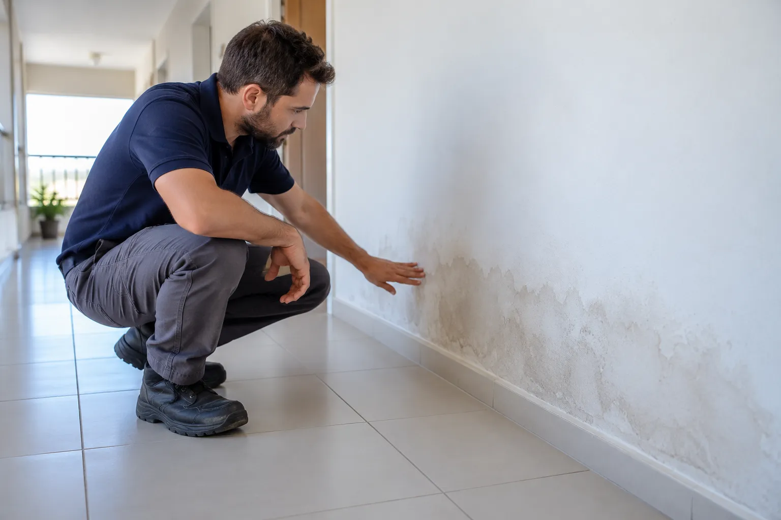 Técnico observa umidade em corredor de condomínio durante investigação de possível vazamento.