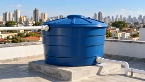 Caixa d’água em telhado sendo avaliada para limpeza preventiva