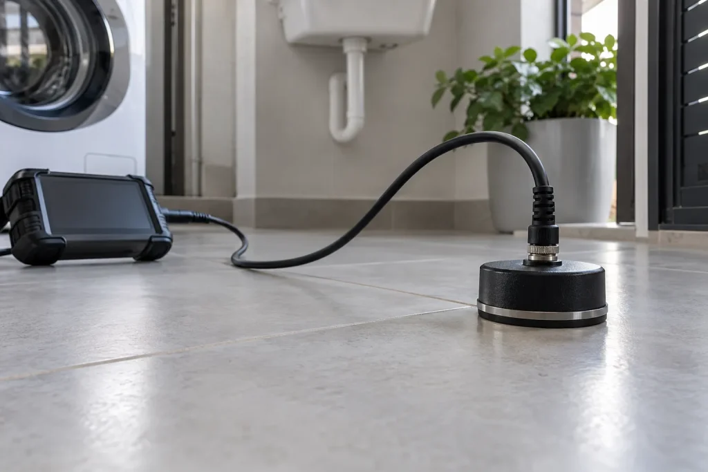 Sensor acústico conectado avalia vibrações em piso seco de apartamento.