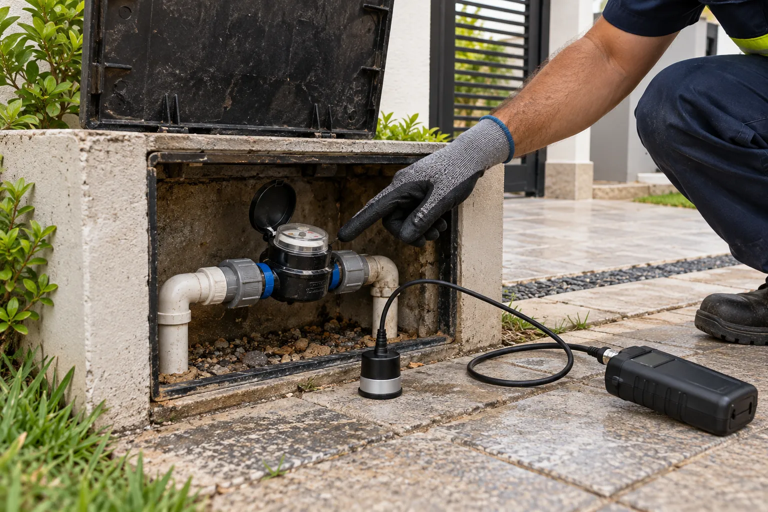 Técnico verifica hidrômetro antes de definir investigação de possível vazamento.