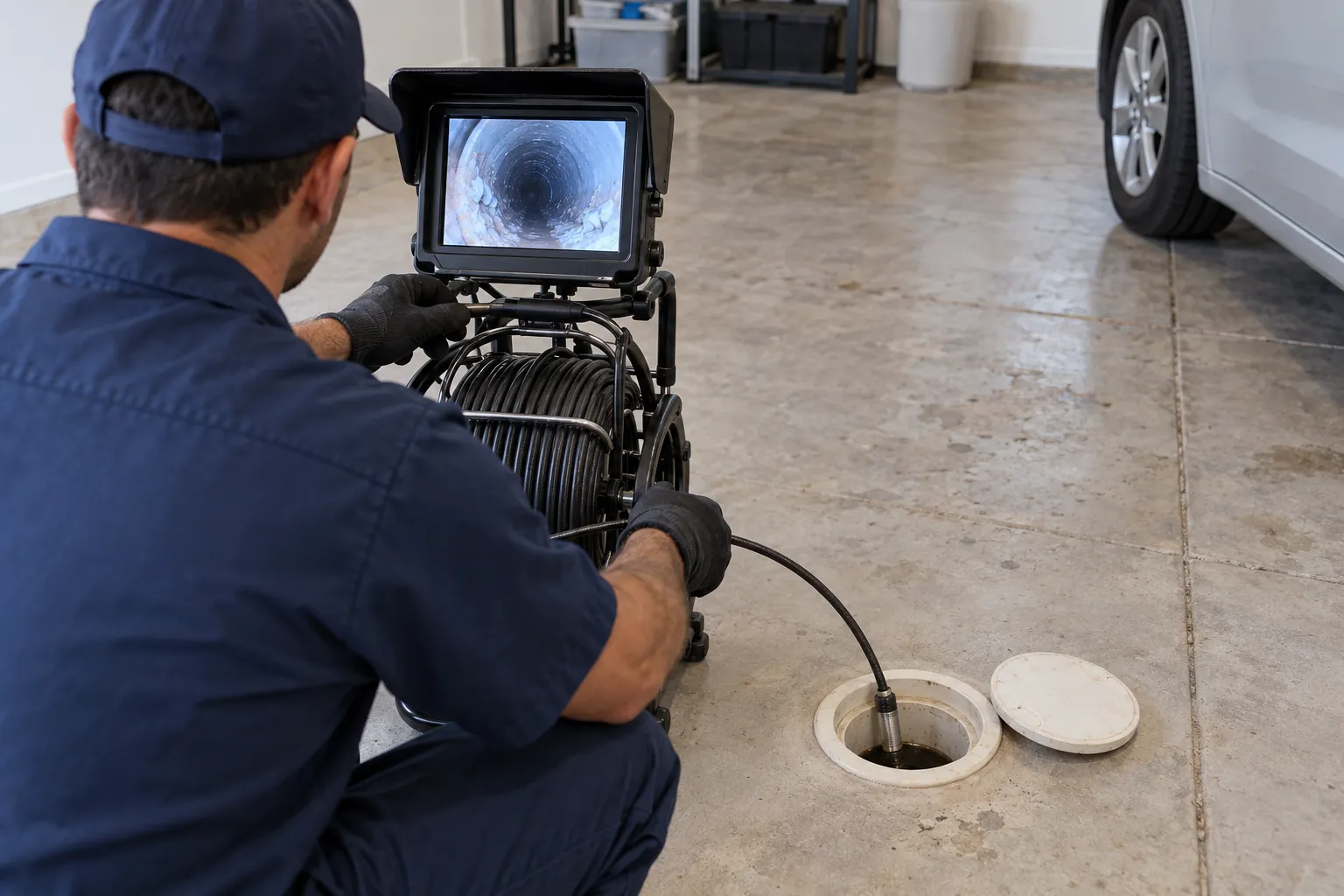 Técnico usando câmera de inspeção em acesso de PVC no piso.