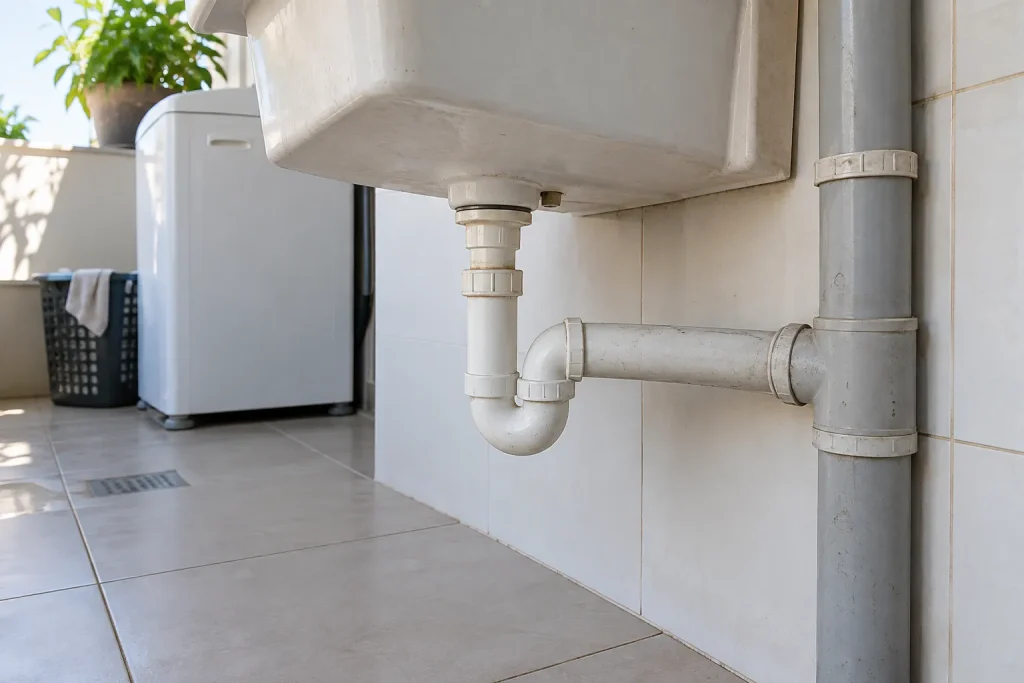 Tubulação de PVC antiga aparente em área de serviço residencial.
