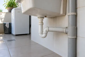 Tubulação de PVC antiga aparente em área de serviço residencial.