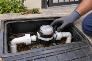 Morador compara aumento de consumo com hidrômetro residencial em área externa.