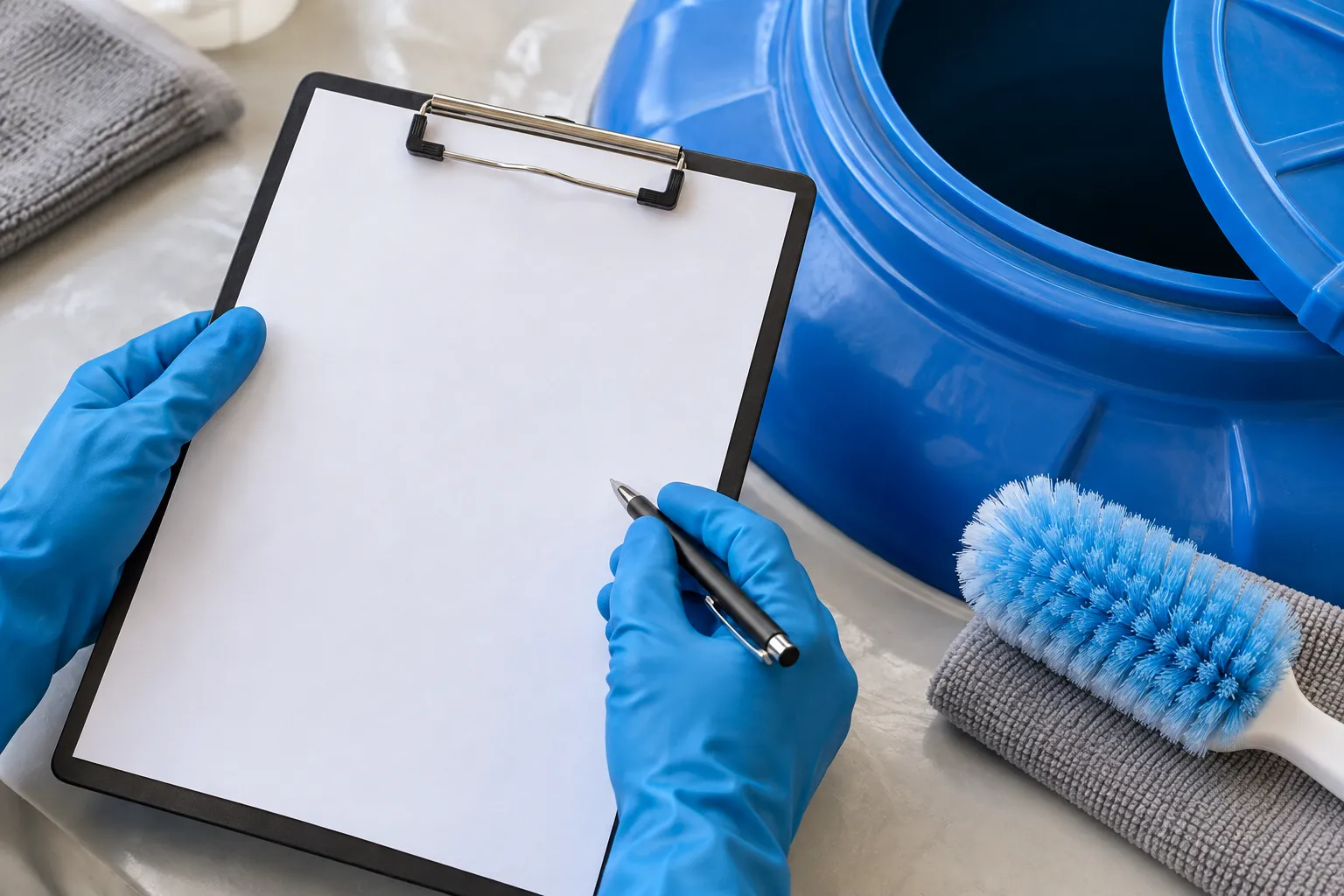 Checklist de limpeza ao lado de tampa azul de caixa d'água.