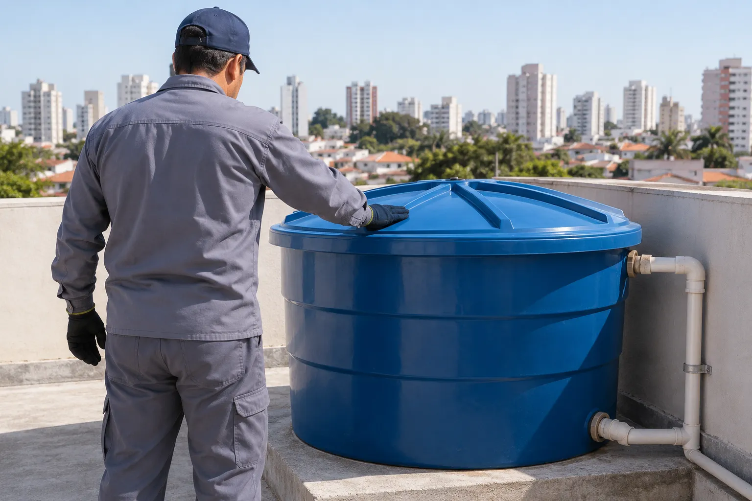 Profissional conferindo tampa fechada de caixa d'água residencial azul.