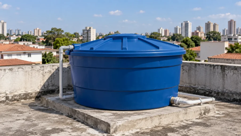 Caixa d'água azul fechada em laje residencial após limpeza profissional.