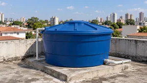 Caixa d'água azul fechada em laje residencial após limpeza profissional.