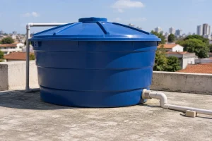 Caixa d'água azul fechada e instalada corretamente em laje residencial.