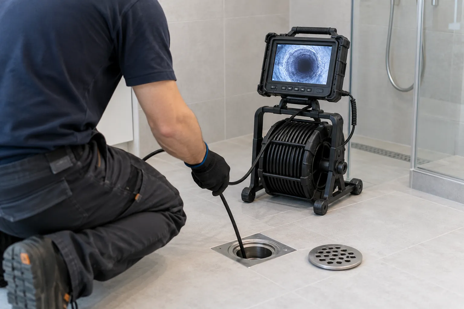 Técnico usando câmera de inspeção em ralo de banheiro residencial.