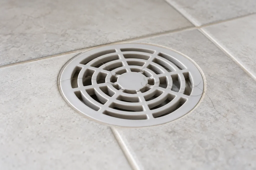Fios de cabelo presos na grelha de ralo de banheiro limpo.