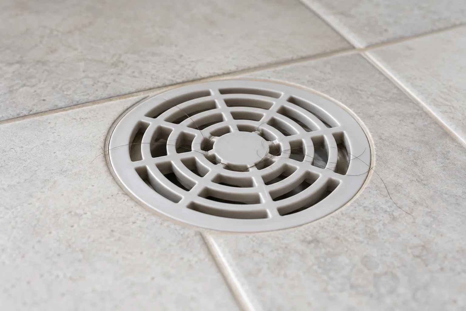 Fios de cabelo presos na grelha de ralo de banheiro limpo.