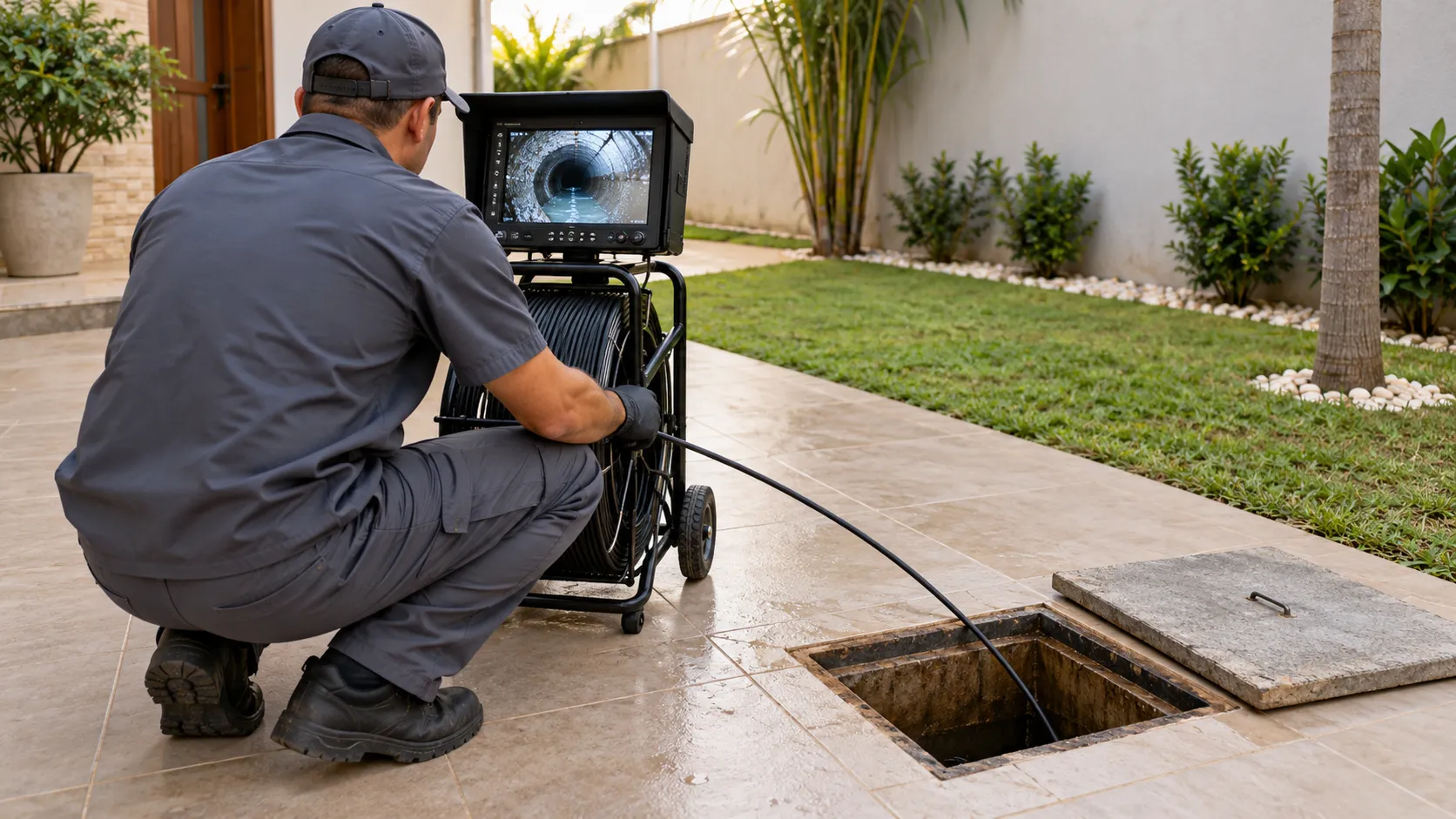 Técnico usa câmera de inspeção em acesso de piso externo.