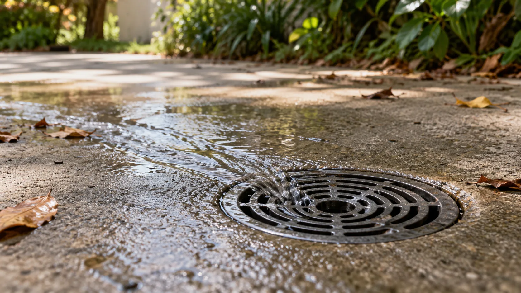 Ralo externo com escoamento lento em quintal residencial.