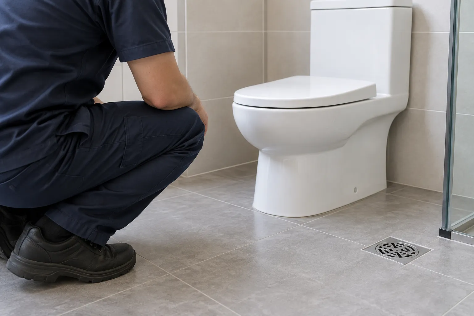 Técnico avaliando vaso sanitário novo e ralo de piso em banheiro residencial.